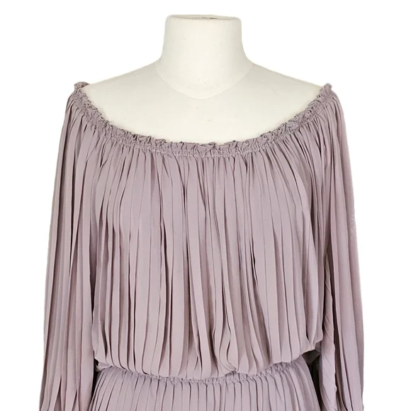 Max Studio Off Shoulder Peasant Balloon Sleeve Pleated Mini Dress Tan Size Small - Picture 7 of 16